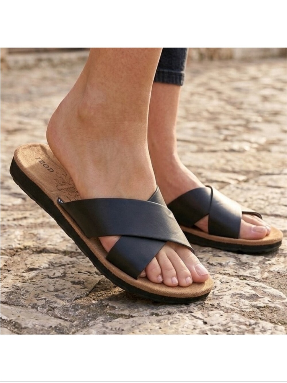 Izod Alyssa Black Cross-Strap Slide Sandals